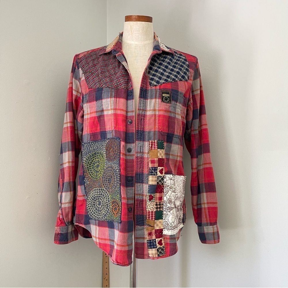 Upcycled Red Plaid Button Shirt Nirvana patchwork handmade wearable art